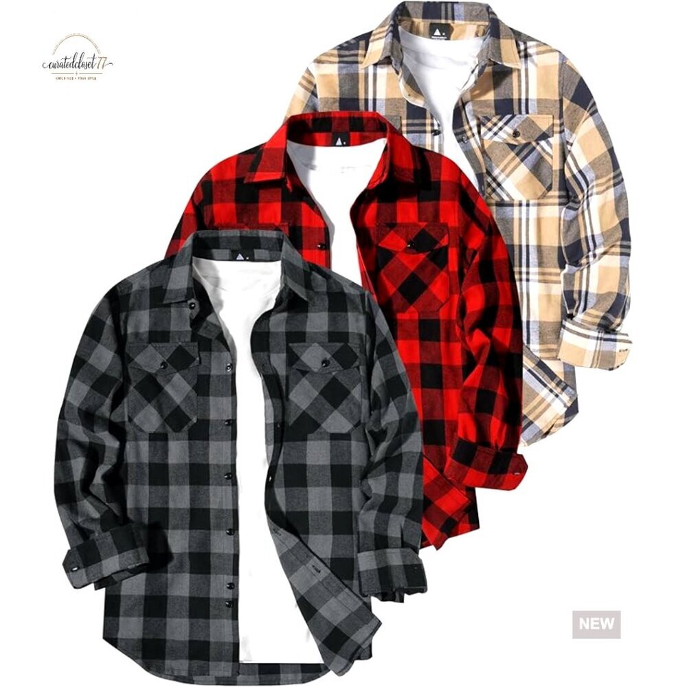 3 Pack Men's Flannel Button Down Shirts Long Sleeve Plaid Western Casual - Picture 1 of 7
